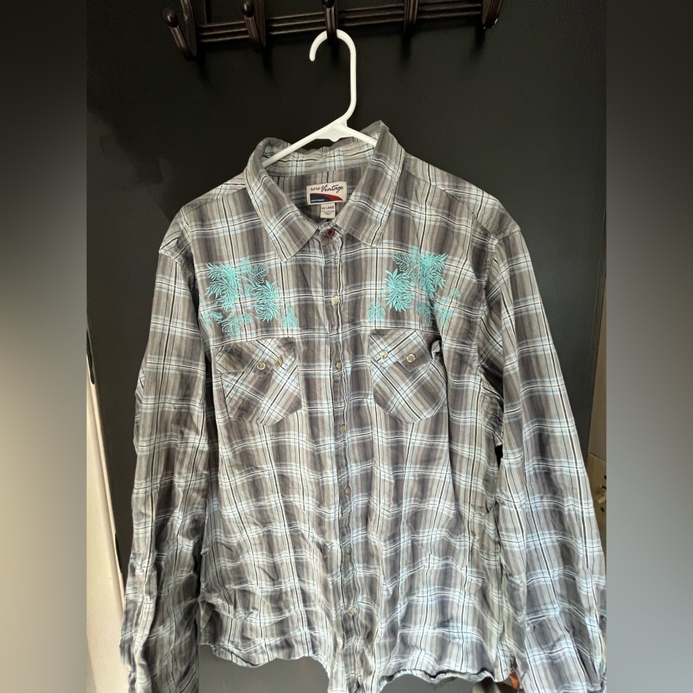 Rare Vintage Men’s XXL Long Sleeve Shirt -Gray/white Plaid - Aqua Design Fringe